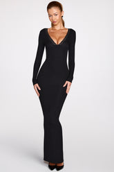 Ribbed Modal Long-Sleeve Plunge Maxi Dress in Black
