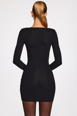 Ribbed Modal Long-Sleeve Draped Mini Dress in Black