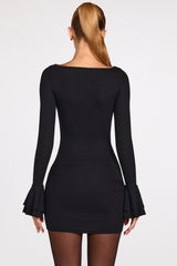 Ribbed Modal Long-Sleeve Draped Mini Dress in Black