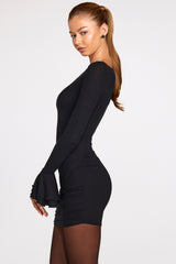Ribbed Modal Long-Sleeve Draped Mini Dress in Black