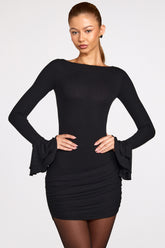 Ribbed Modal Long-Sleeve Draped Mini Dress in Black