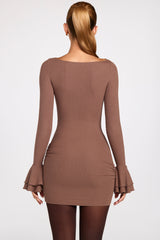Ribbed Modal Long-Sleeve Draped Mini Dress in Mocha