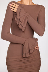 Ribbed Modal Long-Sleeve Draped Mini Dress in Mocha