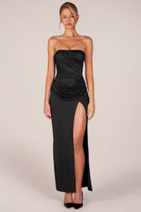 Bandeau Draped Thigh-High Maxi Dress in Black