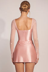 Long-Sleeve Draped Mini Dress in Blush Pink