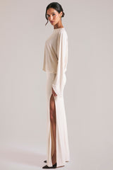 Long-Sleeve Draped Maxi Dress in Ivory