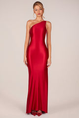 Asymmetric Tie-Back Gown in Rose Red