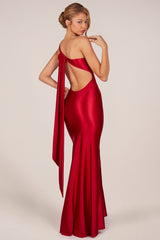 Asymmetric Tie-Back Gown in Rose Red