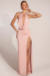 Cowl-Neck Thigh-High Gown in Blush Pink