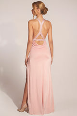 Cowl-Neck Thigh-High Gown in Blush Pink