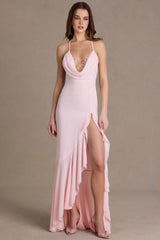 Premium Chiffon Cowl-Neck Open-Back Gown in Baby Pink