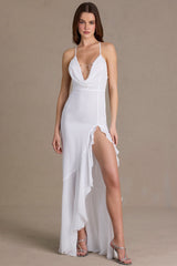 Premium Chiffon Cowl-Neck Open-Back Gown in White