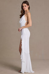 Premium Chiffon Cowl-Neck Open-Back Gown in White