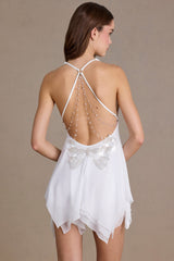 Premium Chiffon Plunge-Neck Open-Back Mini Dress in White