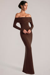 Off-Shoulder Long-Sleeve Maxi Dress in Chocolate Brown