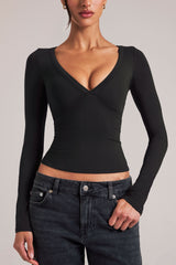 V-Neck Long-Sleeve Top in Black
