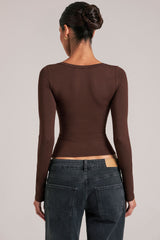 V-Neck Long-Sleeve Top in Chocolate Brown