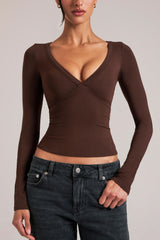 V-Neck Long-Sleeve Top in Chocolate Brown