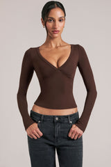V-Neck Long-Sleeve Top in Chocolate Brown