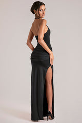 Deep Plunge Halterneck Maxi Dress in Black