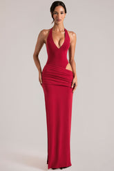 Deep Plunge Halterneck Maxi Dress in Cherry Red