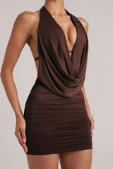 Draped Cowl Mini Dress in Chocolate Brown