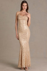 Premium Embellished Open-Back Maxi Dress in Gold