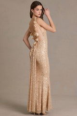 Premium Embellished Open-Back Maxi Dress in Gold