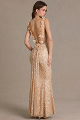 Premium Embellished Open-Back Maxi Dress in Gold