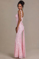 Premium Embellished Open-Back Maxi Dress in Baby Pink