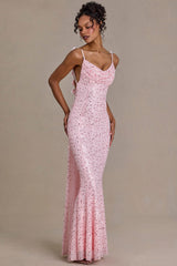 Premium Embellished Open-Back Maxi Dress in Baby Pink