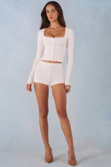 Knit Mid-Rise Mini Shorts in Ivory