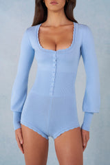 Knit Long-Sleeve Romper in Soft Blue