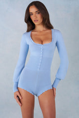 Knit Long-Sleeve Romper in Soft Blue