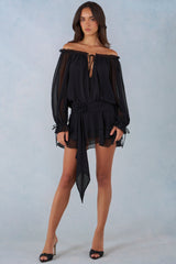 Off-Shoulder Balloon-Sleeve Mini Dress in Black