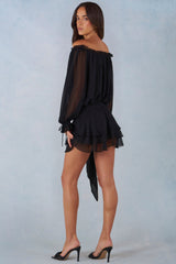 Off-Shoulder Balloon-Sleeve Mini Dress in Black