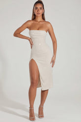 Embellished Bandeau Cowl Neck Midi Dress in Ivory