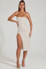 Embellished Bandeau Cowl Neck Midi Dress in Ivory