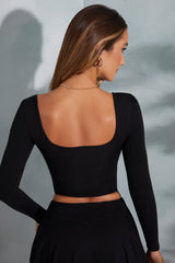 Square-Neck Long-Sleeve Crop Top in Black