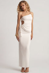 Textured Jersey Low-Rise Maxi Skirt in White