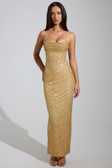 Embellished Cowl-Neck Maxi Dress in Gold
