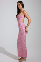Embellished Cowl-Neck Maxi Dress in Pink