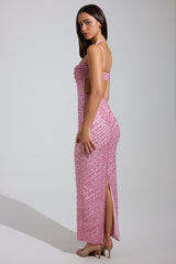 Embellished Cowl-Neck Maxi Dress in Pink