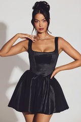 Woven Taffeta Corset Mini Dress in Jet Black