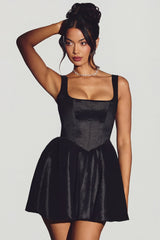 Woven Taffeta Corset Mini Dress in Jet Black