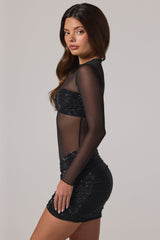 Sheer Embellished High-Neck Long Sleeve Mini Dress in Black