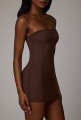 Soft Sheer-Mesh Bandeau Mini Slip Dress in Deep Cocoa