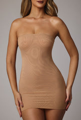 Soft Sheer-Mesh Bandeau Mini Slip Dress in Almond