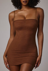 Soft Sheer-Mesh Bandeau Mini Slip Dress in Mocha