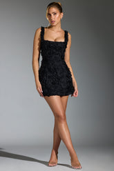 Floral-Appliqué Square-Neck Corset Mini Dress in Black
